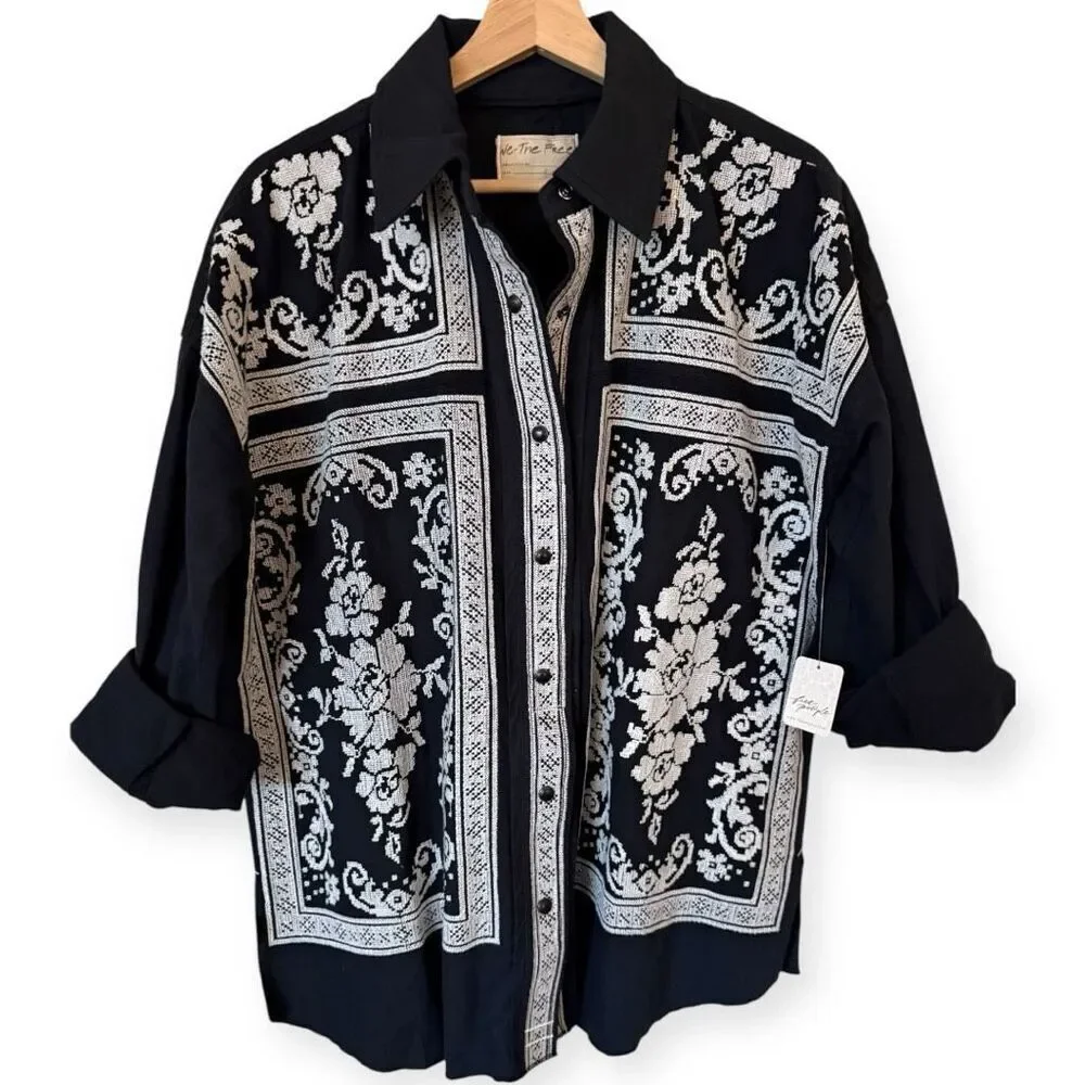 Free People Lace Embroidered Denim Buttondown Shirt